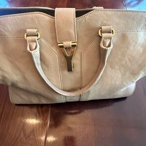 Yves Saint Laurent Beige Leather Tote with Gold Y Accent